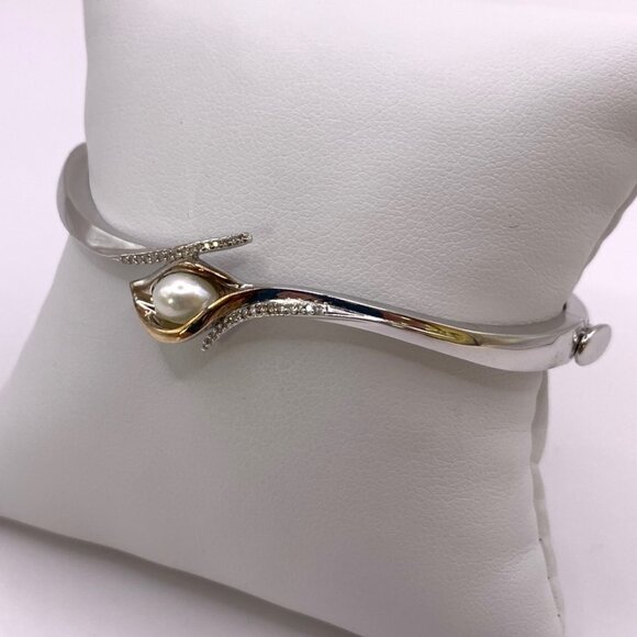 Alwand Vahan Calla Lily Pearl Diamond 925 14K Gold Hinged Bangle Bracelet #787 - Picture 5 of 9